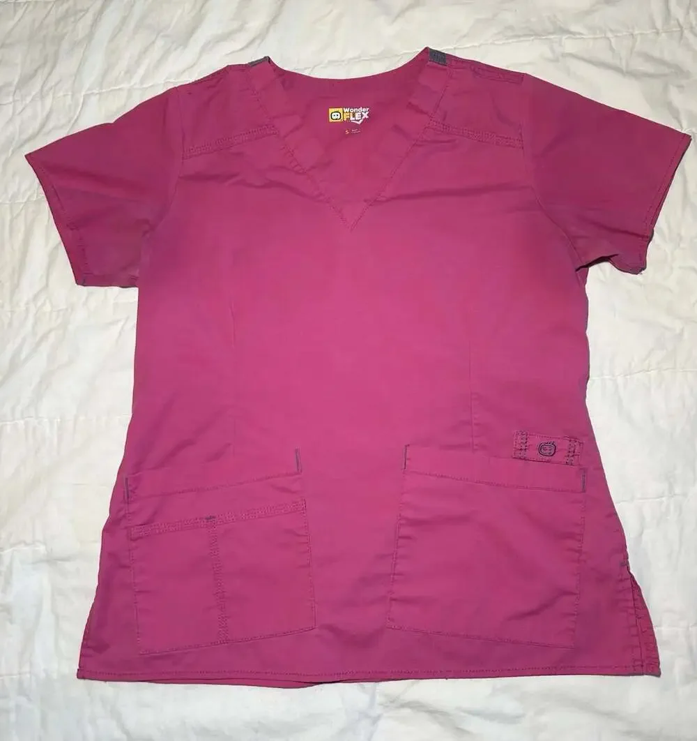 Wonder Flex Dark Pink Scrubs Top only women’s Small pre owned READ